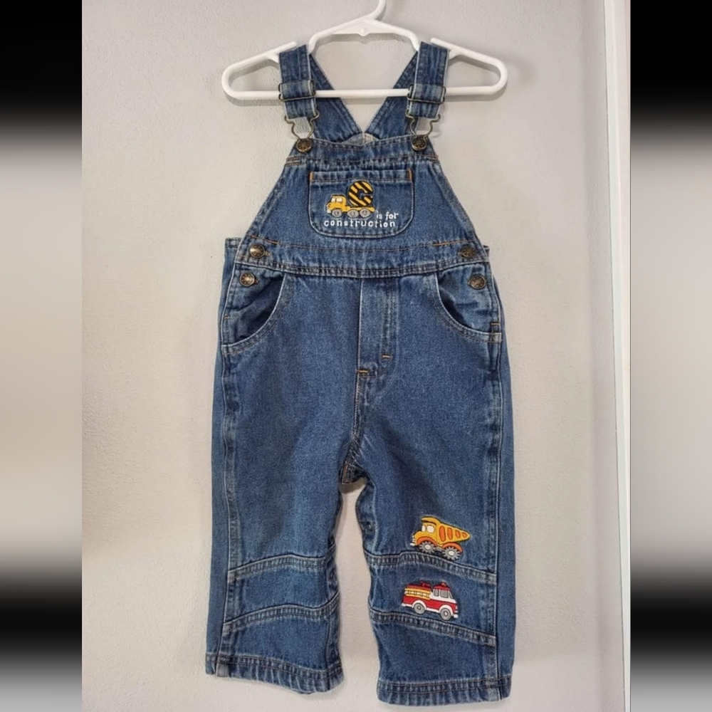 Vintage Small Steps Construction Themed Cotton Denim Overalls Size 18M